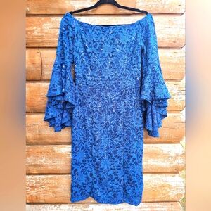 Venus Bold Blue Sparkly Sequin & Lace Stretchy Dress Bell Sleeves Off Shoulder